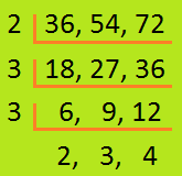 H.C.F. of 36, 54 and 72