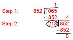 H.C.F of 852 and 1065 by using Division Method