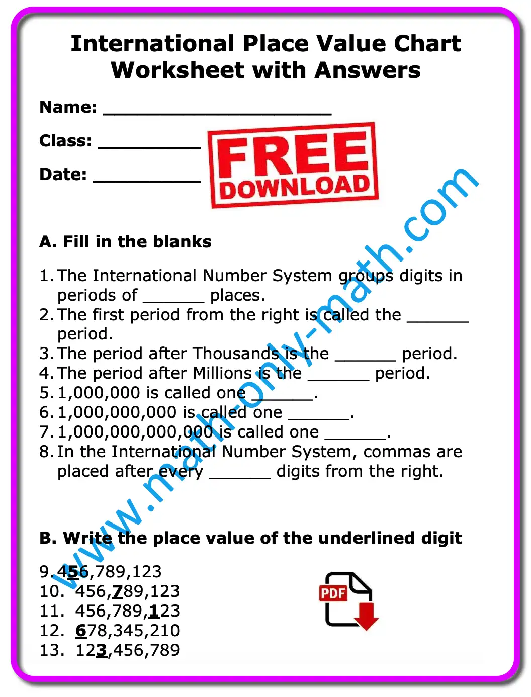 International Place Value Chart Worksheet with Answers