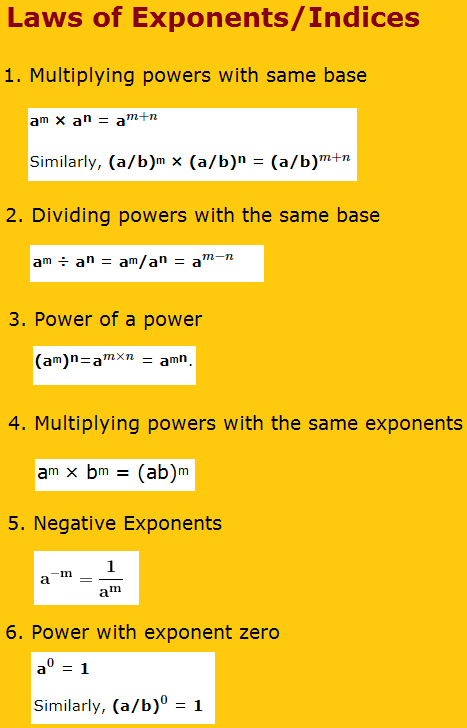 Laws of Exponents or Indices
