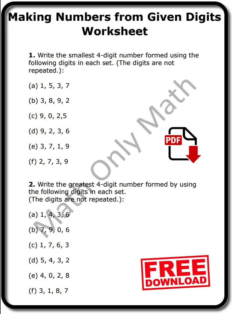 Making Numbers from Given Digits Worksheet