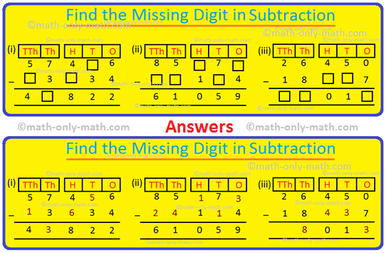 Practice the set of questions given in the worksheet on subtraction of whole numbers. The questions are based on subtracting numbers by arranging the numbers in columns and check the answer, subtraction one large number by another large number and find the missing