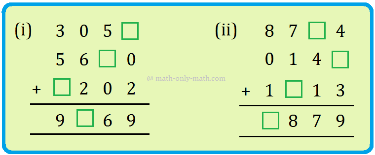 In worksheet on adding 4-digit numbers without regrouping we will solve the addition of 4-digit numbers without regrouping or without carrying, 4-digit vertical addition, arrange in columns and add and missing numbers in 4-digit addition.