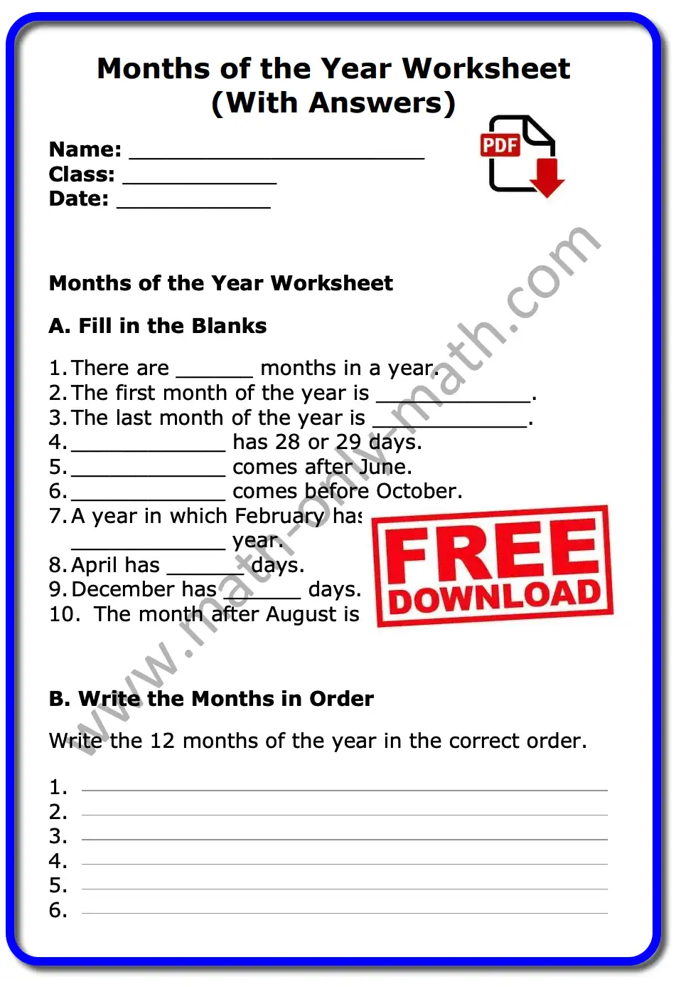 Months of the Year Worksheet With Answers