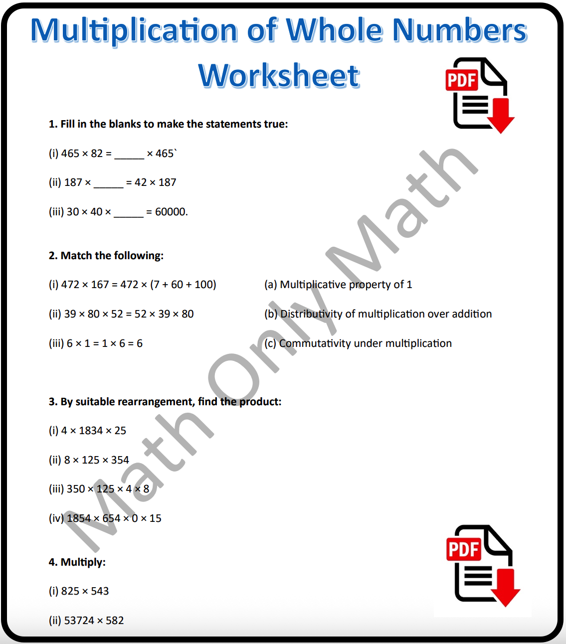 Multiplication of Whole Numbers Worksheet PDF