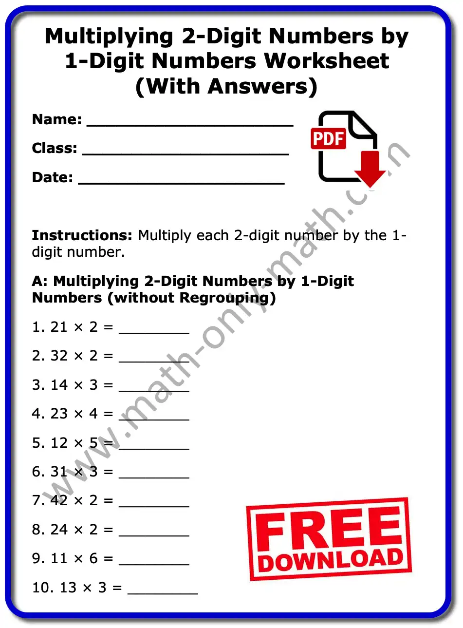Multiplying 2-Digit Numbers by 1-Digit Numbers Worksheet 