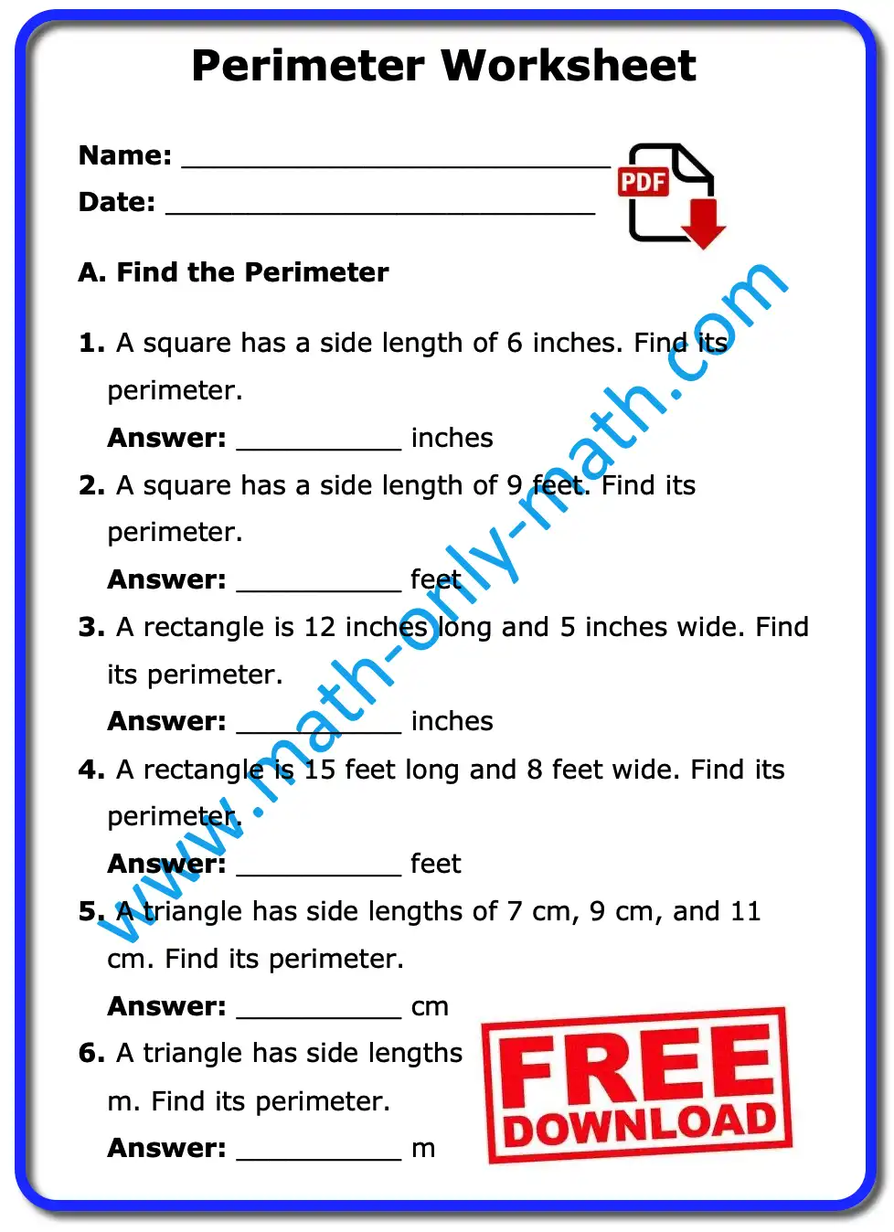 Printable perimeter worksheet with practice questions on squares, rectangles, and triangles