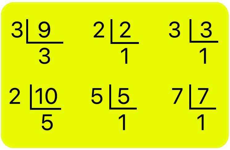 Prime Factors of 9, 2, 3, 10, 5 and 7