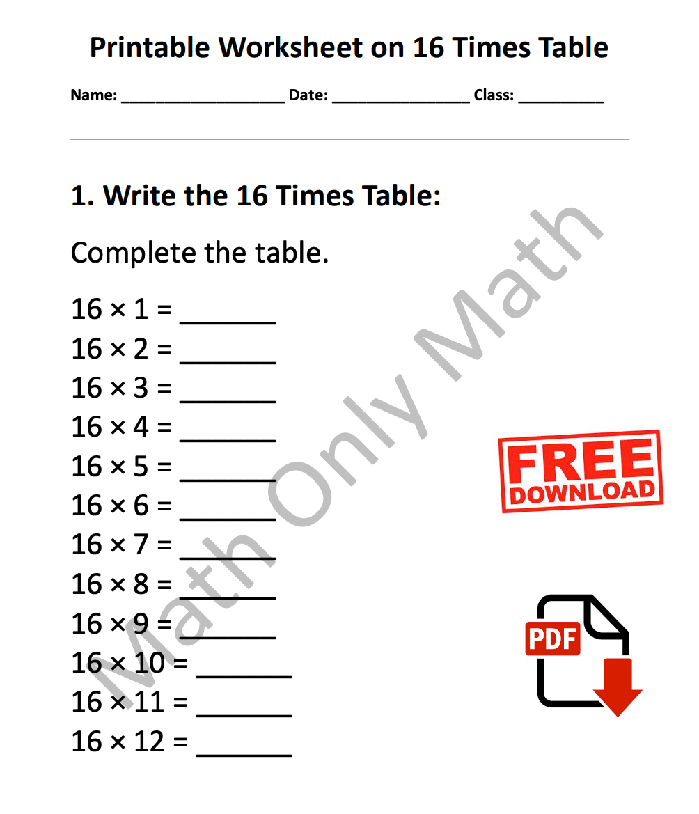 Printable Worksheet on 16 Times Table