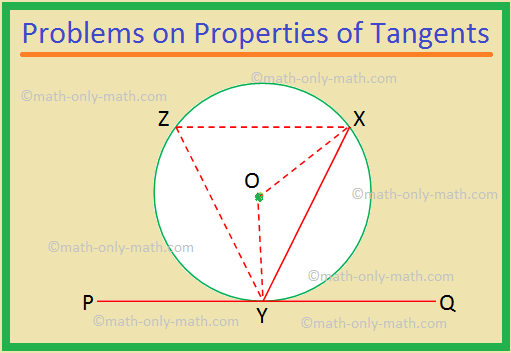 Here we will solve different types of Problems on properties of tangents. 1. A tangent, PQ, to a circle touches it at Y. XY is a chord such that ∠XYQ = 65°. Find ∠XOY, where O is the centre of the circle.  Solution: Let Z be any point on the circumference in the segment
