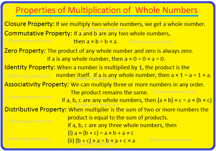 There are six properties of multiplication of whole numbers that will help to solve the problems easily. The six properties of multiplication are Closure Property, Commutative Property, Zero Property,  Identity Property, Associativity Property and Distributive Property.