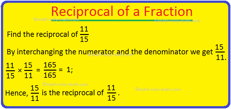Here we will learn Reciprocal of a fraction.  What is 1/4 of 4?  We know that 1/4 of 4 means 1/4 × 4, let us use the rule of repeated addition to find 1/4× 4. We can say that \(\frac{1}{4}\) is the reciprocal of 4 or 4 is the reciprocal or multiplicative inverse of 1/4