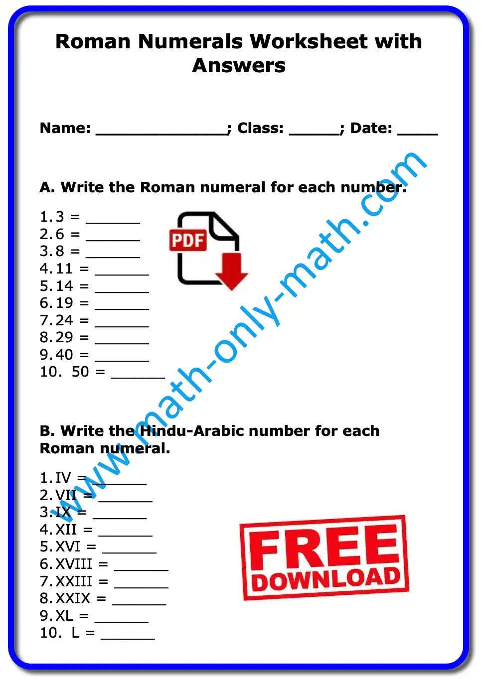 Roman Numerals Worksheet with Answers
