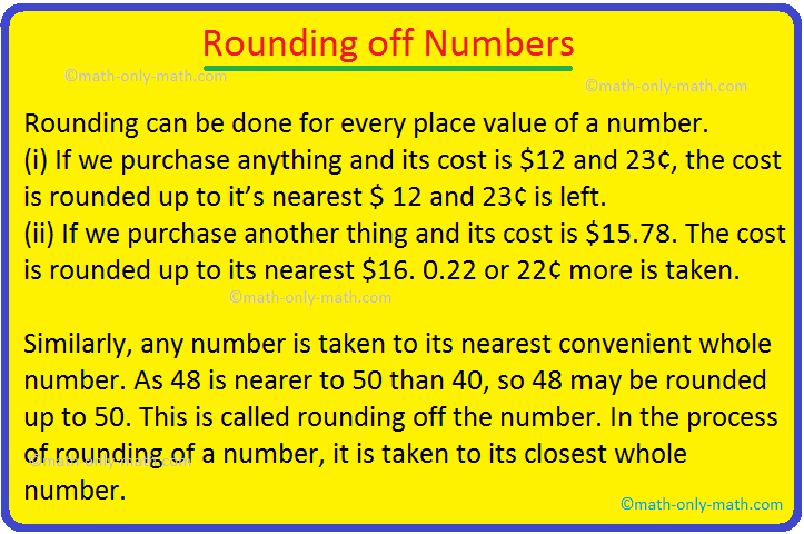 Rounding off numbers are discussed here, where we need to round a number.  (i) If we purchase anything and its cost is $12 and 23¢, the cost is rounded up to it’s nearest $ 12 and 23¢ is left.  (ii) If we purchase another thing and its cost is $15.78. The cost is rounded up