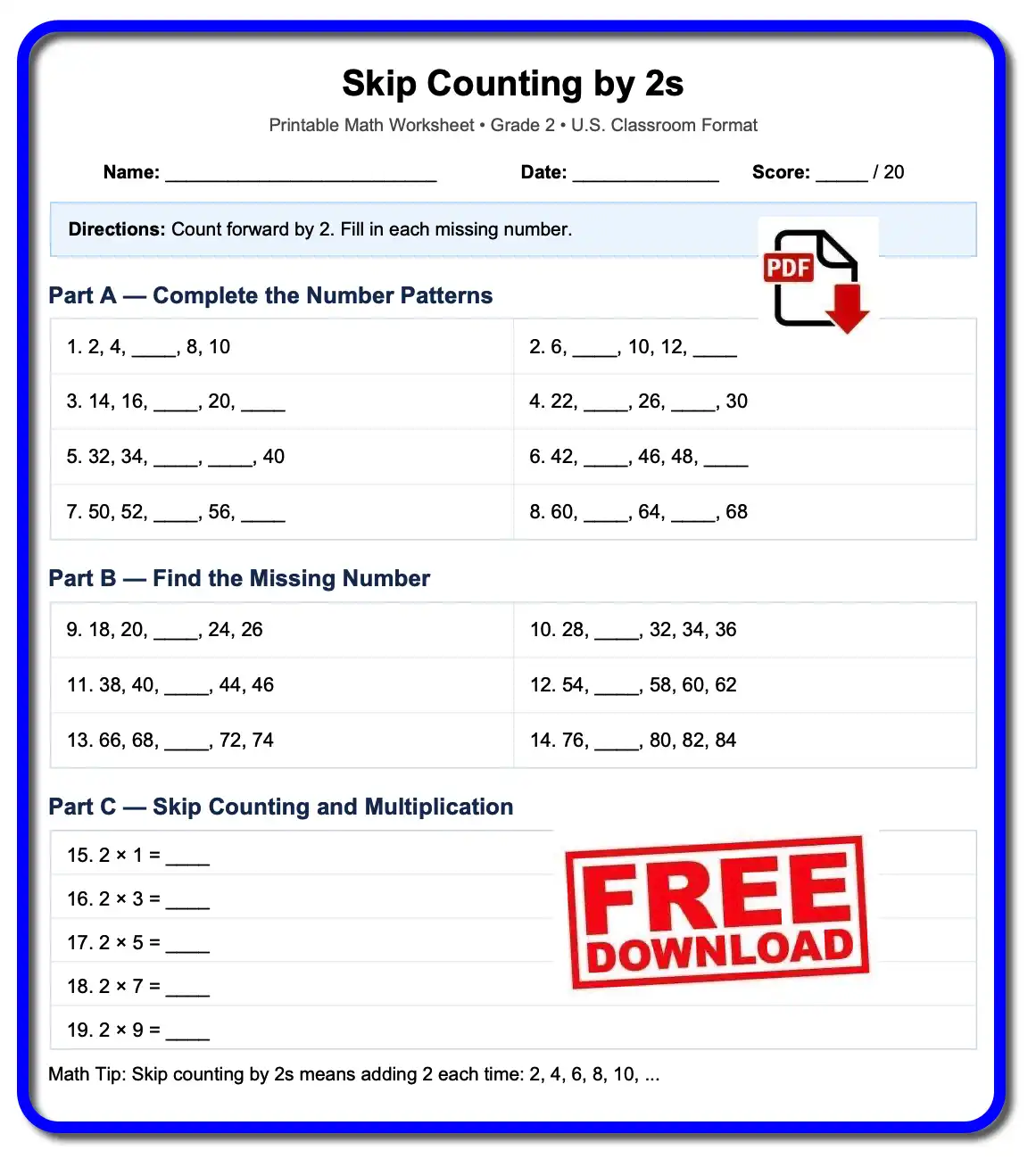 Grade 2 skip counting by 2s printable worksheet with number patterns and multiplication practice