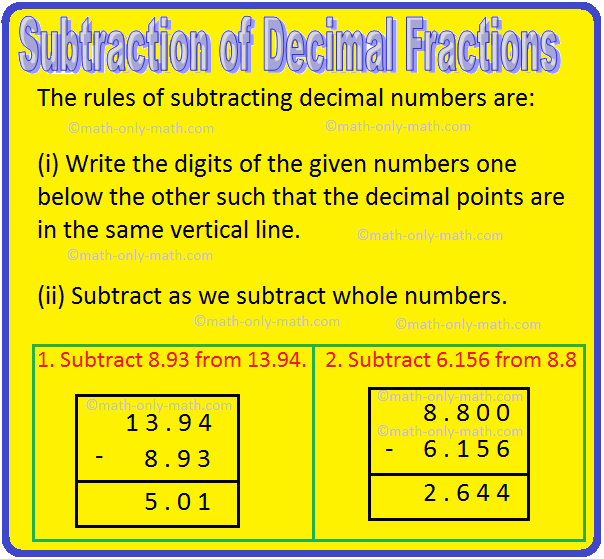 The rules of subtracting decimal numbers are:  (i) Write the digits of the given numbers one below the other such that the decimal points are in the same vertical line.  (ii) Subtract as we subtract whole numbers. Let us consider some of the examples on subtraction