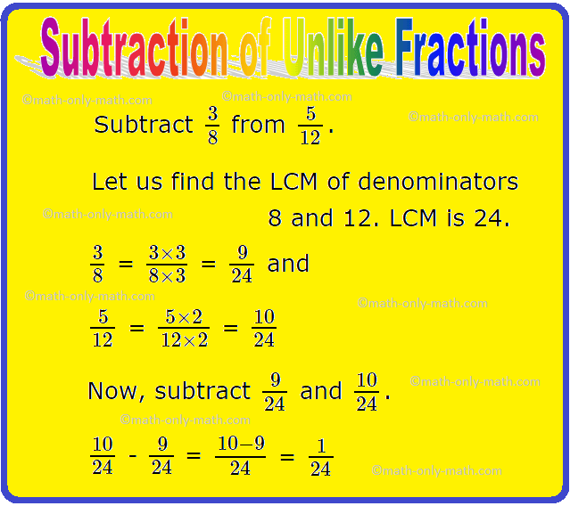 subtraction of unlike fractions subtracting fractions examples