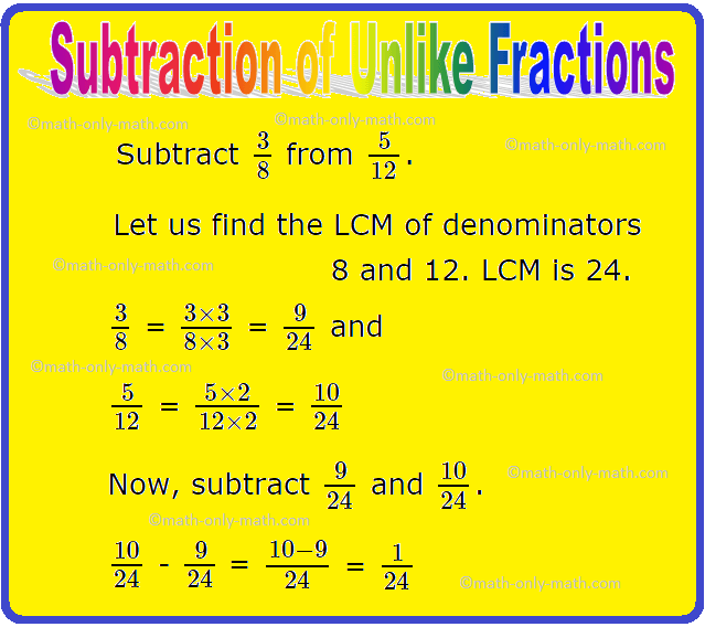 To subtract unlike fractions, we first convert them into like fractions. In order to make a common denominator, we find LCM of all the different denominators of given fractions and then make them equivalent fractions with a common denominators.