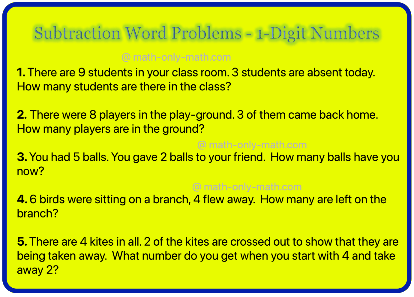 Subtraction Word Problems – 1-Digit Numbers