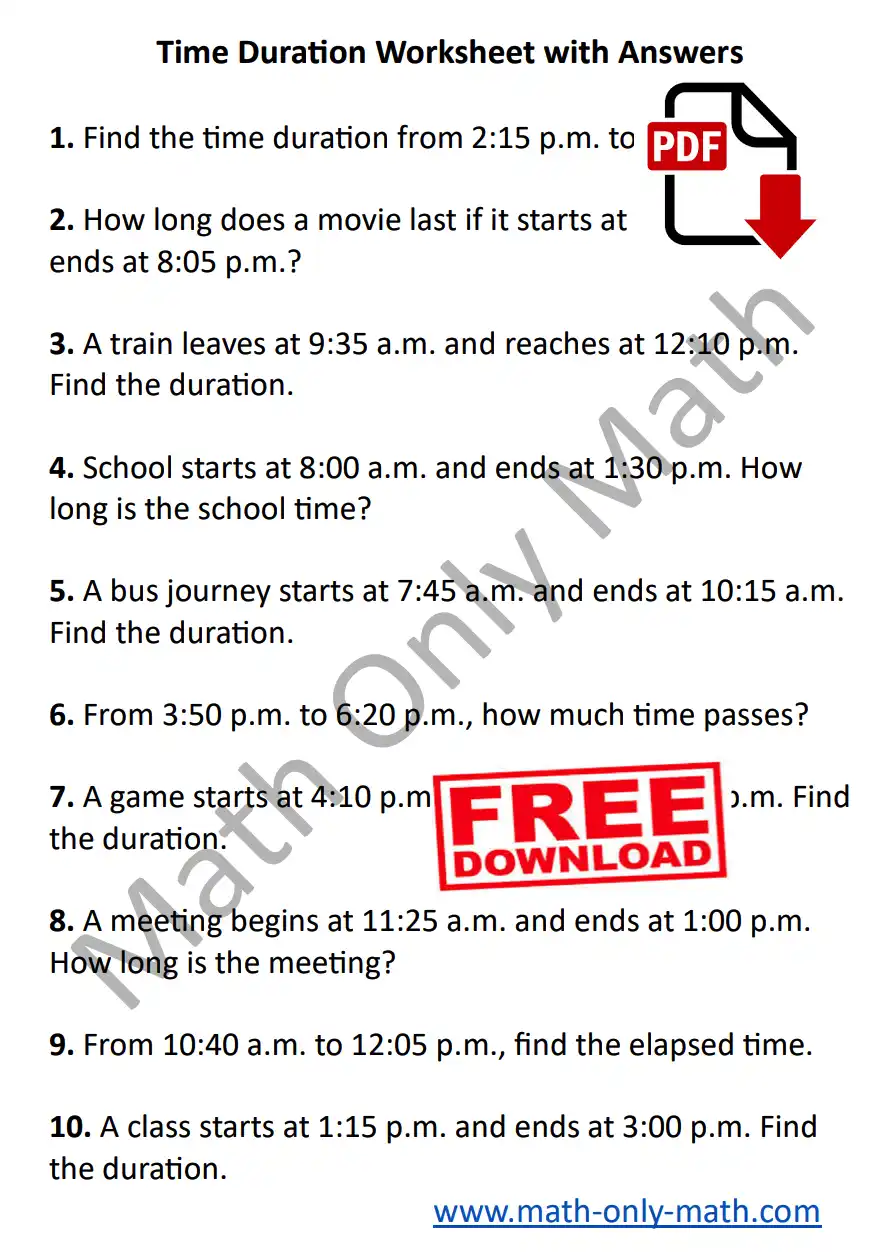 Time Duration Worksheet with Answers PDF