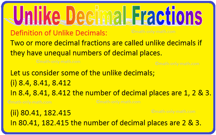 Unlike decimal fractions are discussed here. Two or more decimal fractions are called unlike decimals if they have unequal numbers of decimal places. Let us consider some of the unlike decimals;  (i) 8.4, 8.41, 8.412  In 8.4, 8.41, 8.412 the number of decimal places are 1, 2