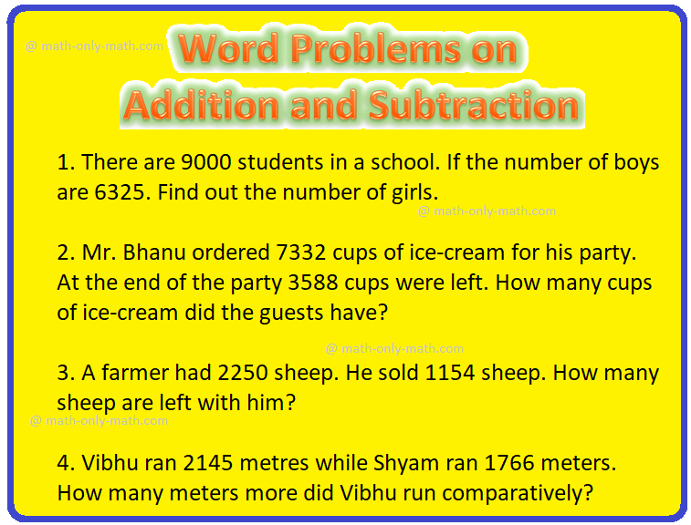 In 4th grade worksheet on word problems on addition and subtraction, all grade students can practice the questions on word problems based on addition and subtraction. This exercise sheet on