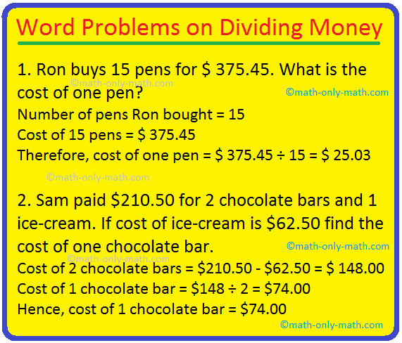 Word Problems On Dividing Money | Solving Money Division Word Problems