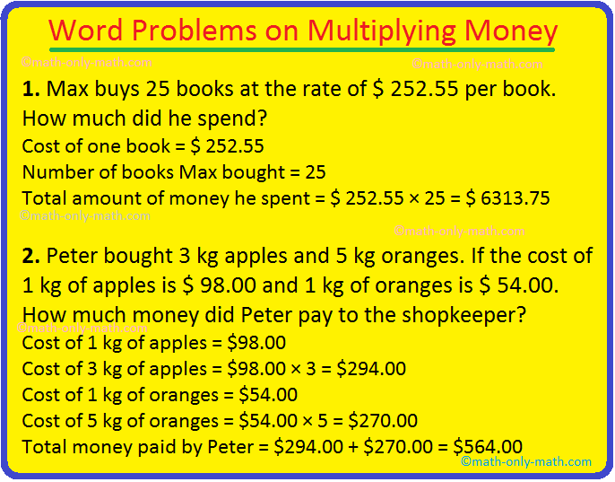 Word Problems on Multiplying Money