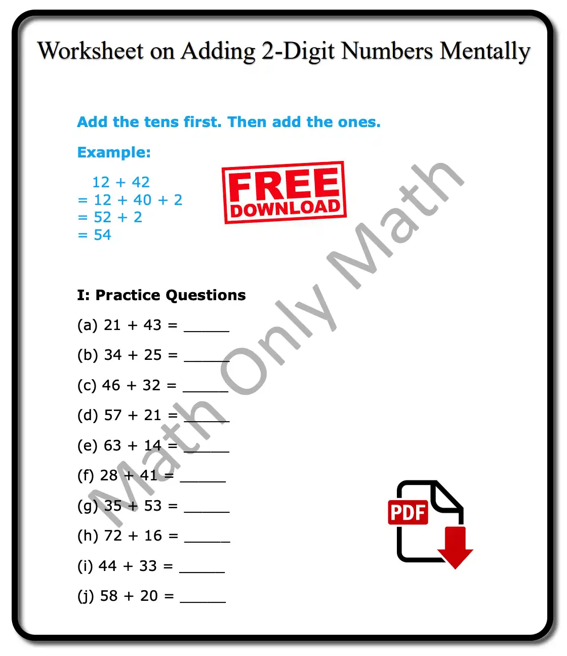 Worksheet on Adding 2-Digit Numbers Mentally