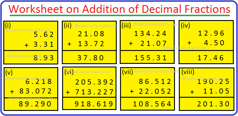 Worksheet on Addition of Decimal Fractions Answers