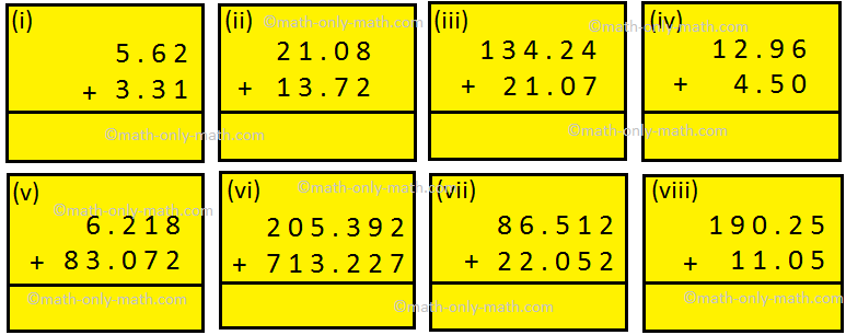 Worksheet on Addition of Decimal Fractions