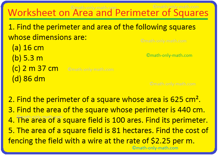 Worksheet on Area and Perimeter of Squares