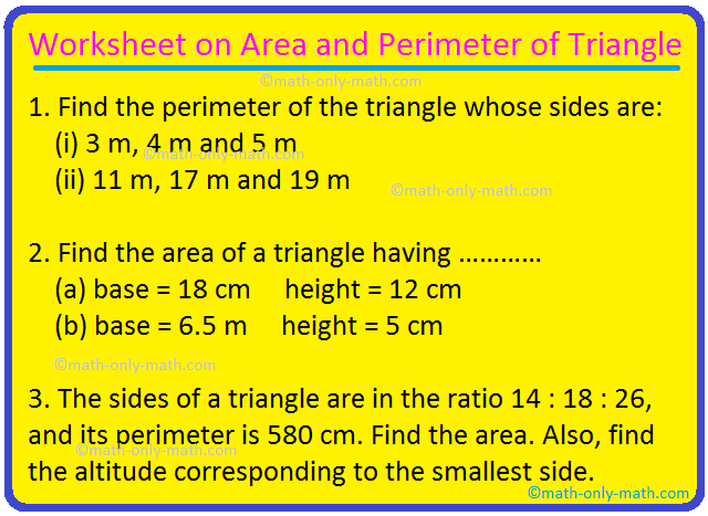 Worksheet on Area and Perimeter of Triangle