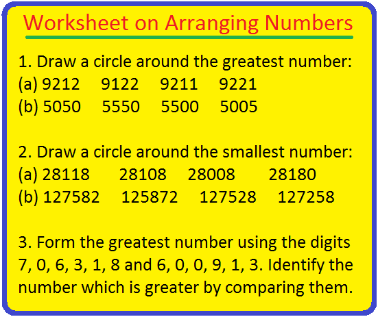 Practice math worksheet on arranging numbers. The questions are mainly related to arranging numbers in ascending order, descending order, comparing numbers and finding the greatest number and the smal