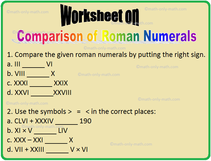 Worksheet on Comparison of Roman Numerals | Hindu - Arabic Numerals