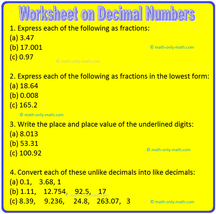 Worksheet on Decimal Numbers Worksheet on Decimal Numbers