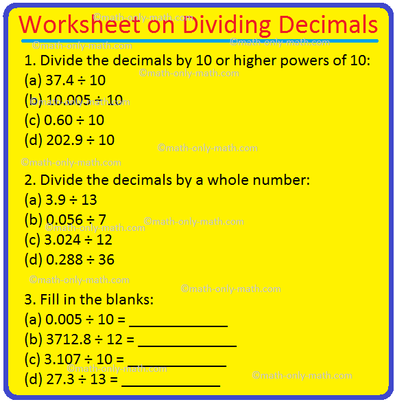 Worksheet on Dividing Decimals