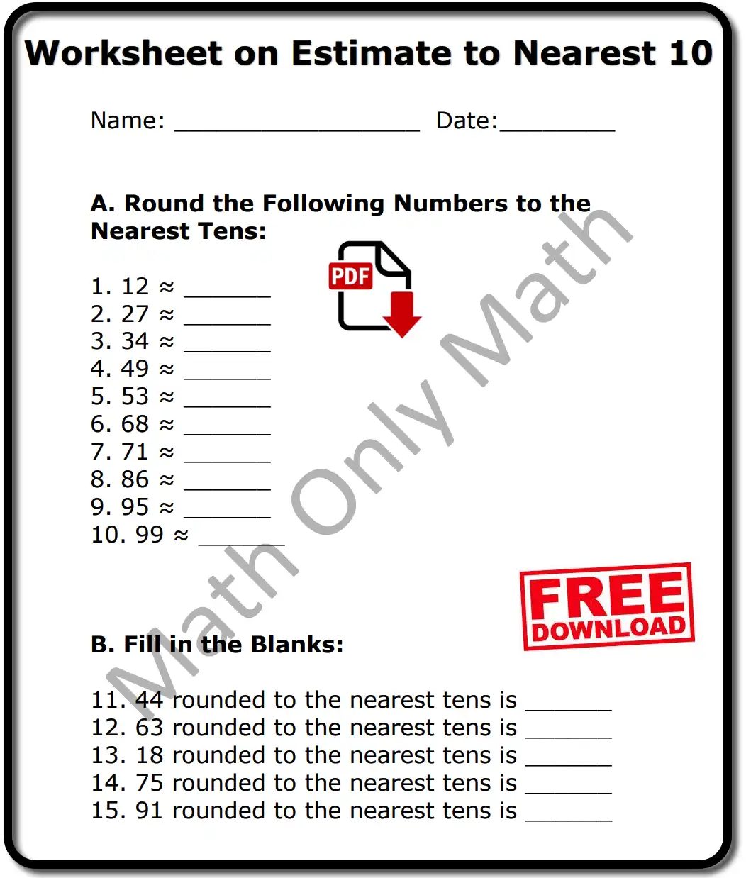 Worksheet on Estimate to Nearest 10
