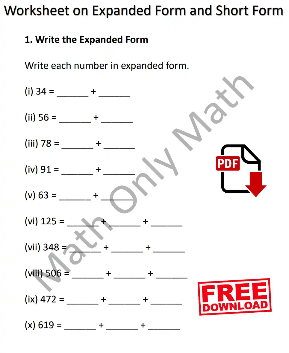 Worksheet on Expanded Form and Short Form