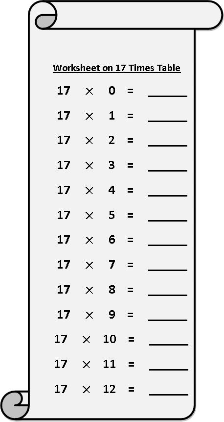 worksheet on 17 times table, multiplication table sheets, free multiplication worksheets
