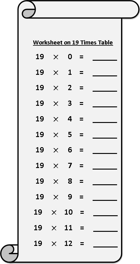 worksheet on 19 times table, multiplication table sheets, free multiplication worksheets