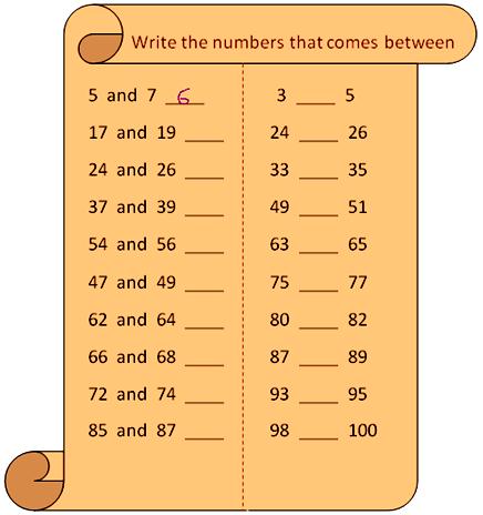 worksheet on number that comes between,middle number