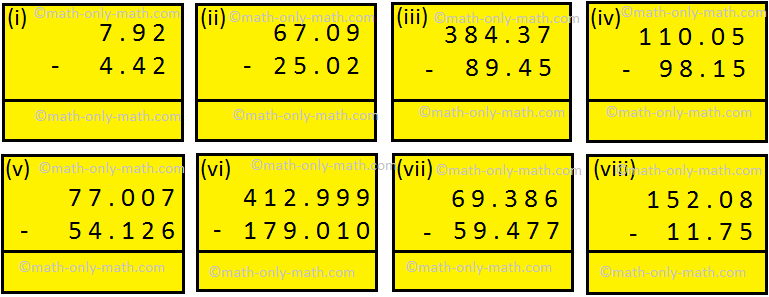 Worksheet on Subtraction of Decimal Fractions