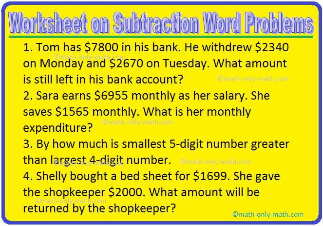 Worksheet On Subtraction Word Problems | Subtraction Word Problems