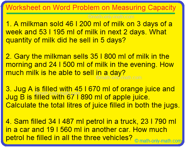 Worksheet on Word Problem on Measuring Capacity