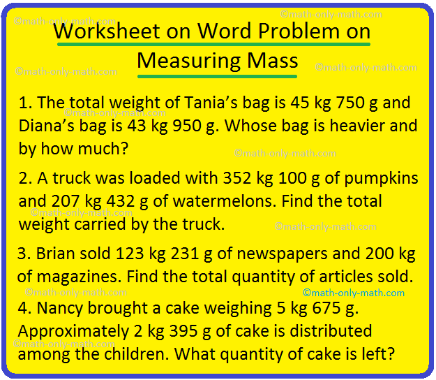 Worksheet on Word Problem on Measuring Mass