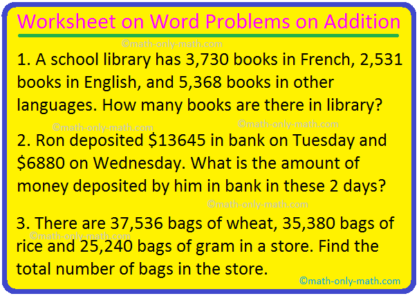 In 4th grade worksheet on word problems on addition, all grade students can practice the questions on word problems based on addition. This exercise sheet on addition can be practiced by the students to get more ideas to solve the worksheet on word problems on addition.