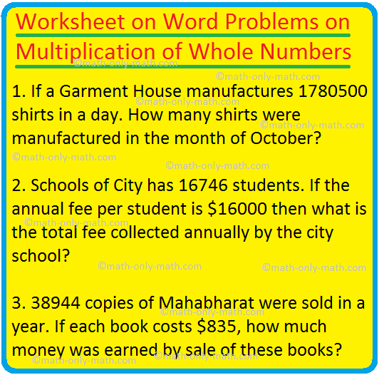 Word Problems Involving Multiplication Of Whole Numbers Worksheets