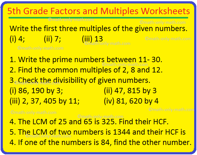 5th Grade Factors and Multiples Worksheets | L.C.M. | H.C.F. | Answers