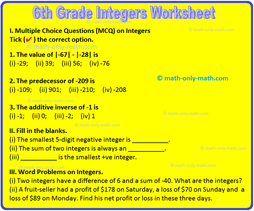 Worksheet on Integers and the Number Line|Integers using a Number Line